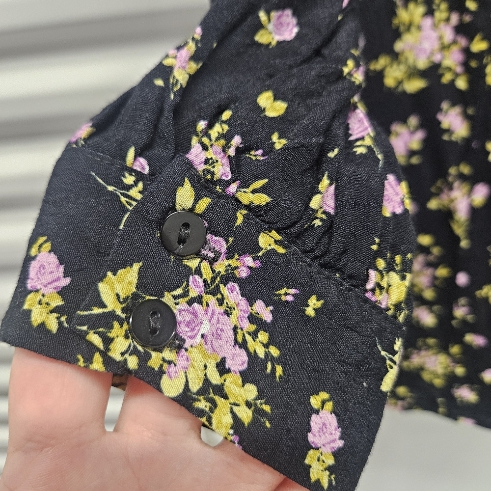 00107 Zara Floral Print Lavender Rose Mini Black Purple Long Sleeve Dress Medium - Picture 7 of 15